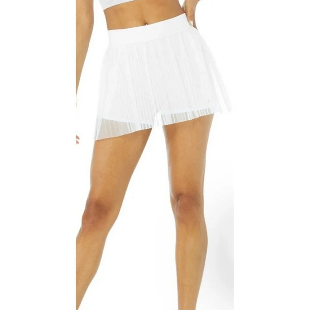 Alo Mesh Flirty Tennis Skirt White Sheer Transparent See-Through Pleated Skort